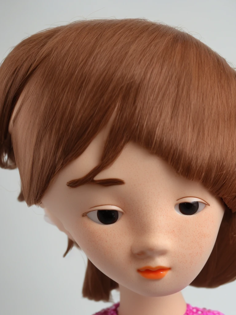 Girl Thin figure with soft curves. Small breasts. Wide hips. Tanned skin color. Golden-brown hair wavy shoulder length hair. Light brown eyes. Fluffy thick eyelashes. Miniature nose. Plump pink lips. Freckles on the face. White blouse with lace. Yellow wool cardigan. Light brown plaid ankle length skirt. White stockings.