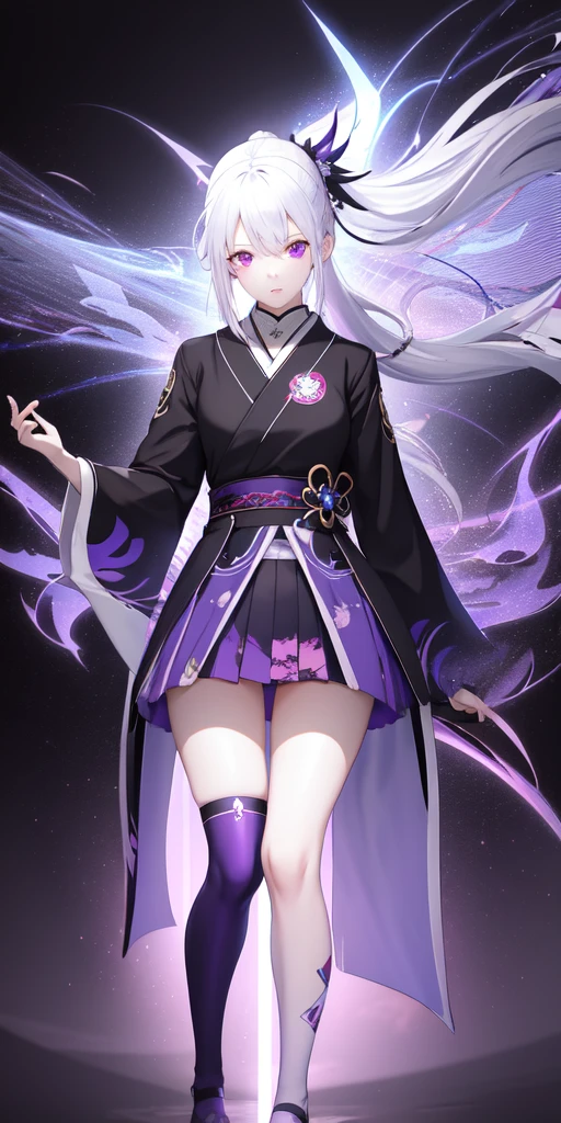1girl, japanese clothes, ponytail ,white hair, purple eyes, magic circle, blue fire, blue flames, wallpaper, landscape, blood, blood splatter, depth of field, night, light particles, light rays, sidelighting, thighs, fate \(series\), genshin impact, ****, open jacket, skirt, thighhighs, cloud