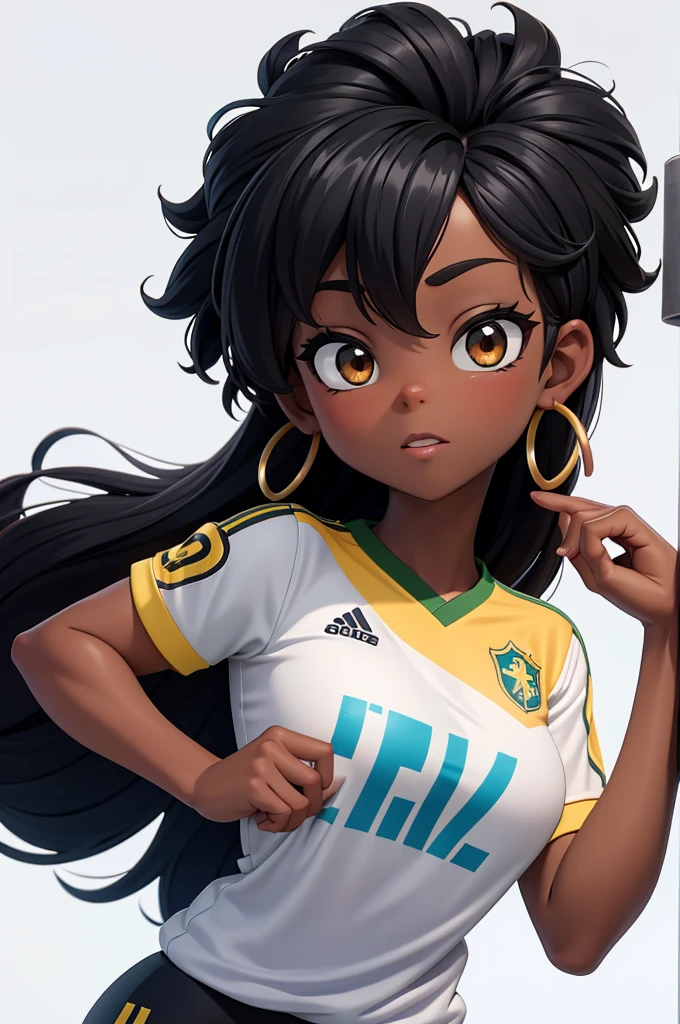 create me a black female character, , no artistic cartoon style, wearing normal clothes and a Brazilian team shirt, with a white background behind