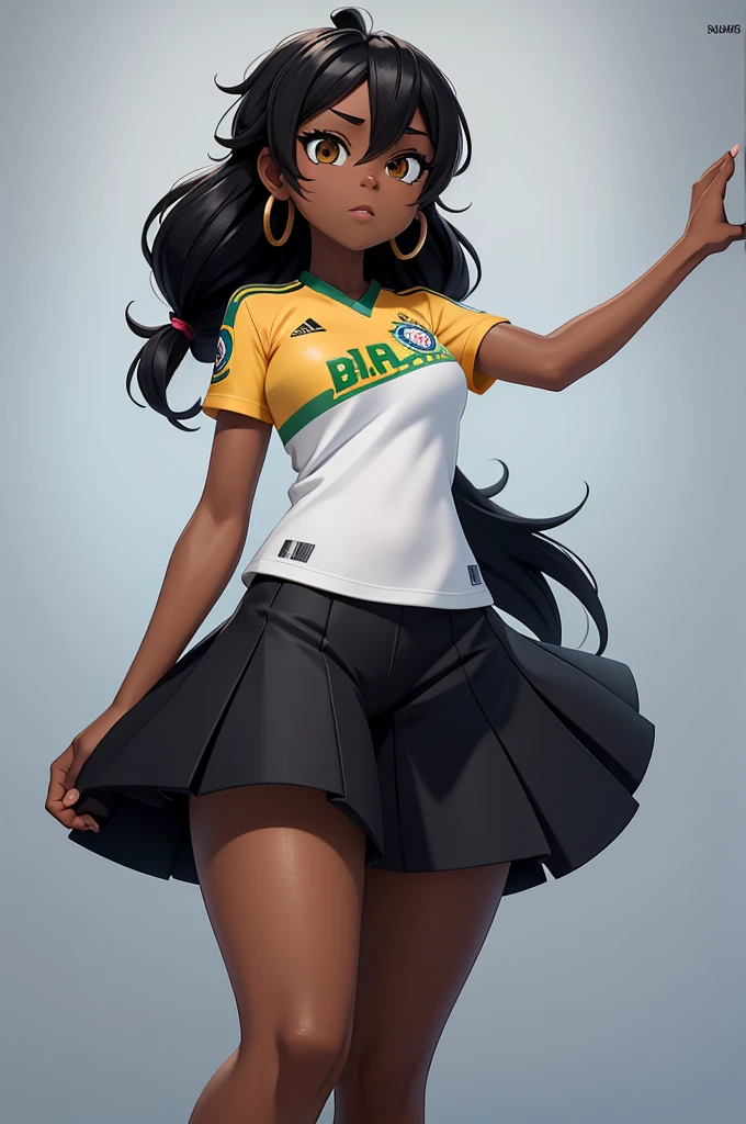 create me a black female character, , no artistic cartoon style, wearing normal clothes and a Brazilian team shirt, with a white background behind