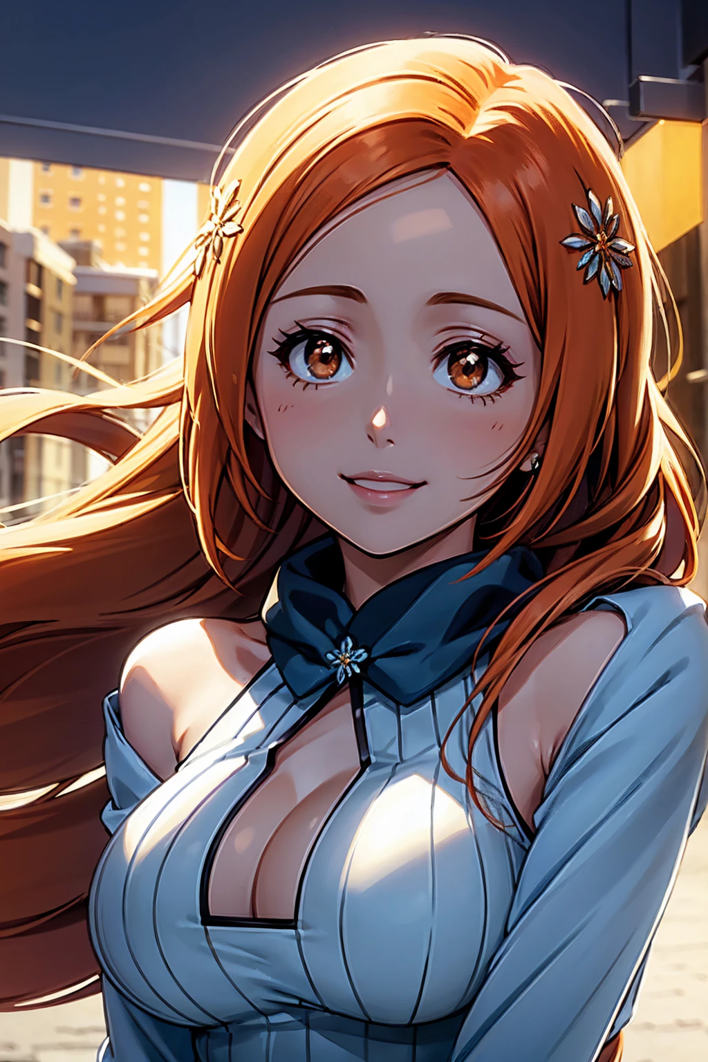 rich in detail:1.5, high resolution, Natural strokes and colors, natural lighting, face detailed, detailed hair, eye detailed, detailed nose, detailed lips. an adult and beautiful girl:1.9, with arm above shoulders, wearing a sweatshirt, wearing a scarf, snowy city, with long orange hair, e com um sorriso orihime inoue.