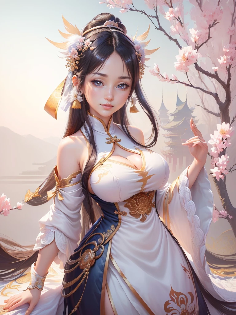 anime lady in a silver dress with a feather on her head, yun ling, inspired by Li Mei-shu, full body xianxia, highly detailed exquisite fanart, inspired by Pu Hua, inspired by Ju Lian, yang qi, lei min, Highly detailed CG unit 8k wallpaper, masterpiece, High resolution, highest quality, highest quality real texture skin, Super Real, Digital Painting, Best image quality, 最High resolution, 8k, ((Highly detailed eyes and face, Beautiful eyes every detail)), 1girl, Full Body Shot, smile, ((china clothes, オフショルダー, disproportionate breasts, huge breasts, gigantic breasts, )),