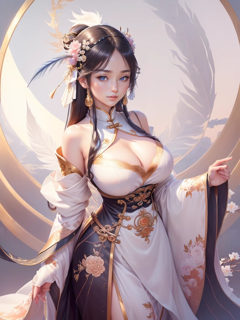 anime lady in a silver dress with a feather on her head, yun ling, inspired by Li Mei-shu, full body xianxia, highly detailed exquisite fanart, inspired by Pu Hua, inspired by Ju Lian, yang qi, lei min, Highly detailed CG unit 8k wallpaper, masterpiece, High resolution, highest quality, highest quality real texture skin, Super Real, Digital Painting, Best image quality, 最High resolution, 8k, ((Highly detailed eyes and face, Beautiful eyes every detail)), 1girl, Full Body Shot, smile, ((china clothes, オフショルダー, disproportionate breasts, huge breasts, gigantic breasts, )),