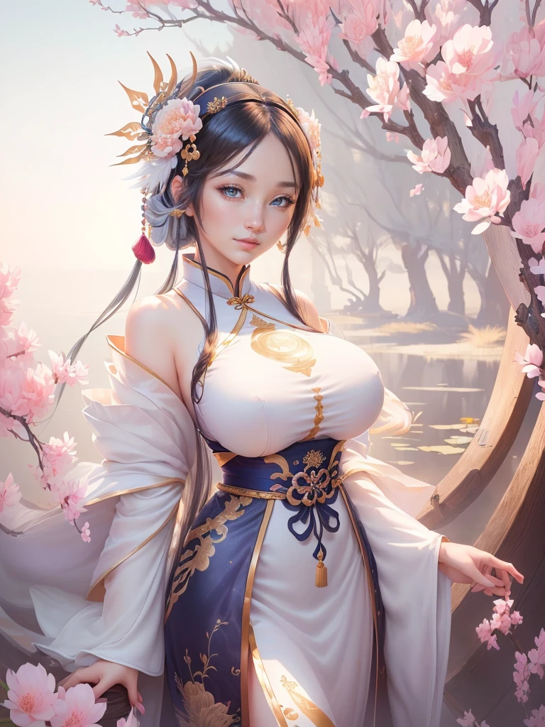 anime lady in a silver dress with a feather on her head, yun ling, inspired by Li Mei-shu, full body xianxia, highly detailed exquisite fanart, inspired by Pu Hua, inspired by Ju Lian, yang qi, lei min, Highly detailed CG unit 8k wallpaper, masterpiece, High resolution, highest quality, highest quality real texture skin, Super Real, Digital Painting, Best image quality, 最High resolution, 8k, ((Highly detailed eyes and face, Beautiful eyes every detail)), 1girl, Full Body Shot, smile, ((china clothes, オフショルダー, disproportionate breasts, huge breasts, gigantic breasts, )),