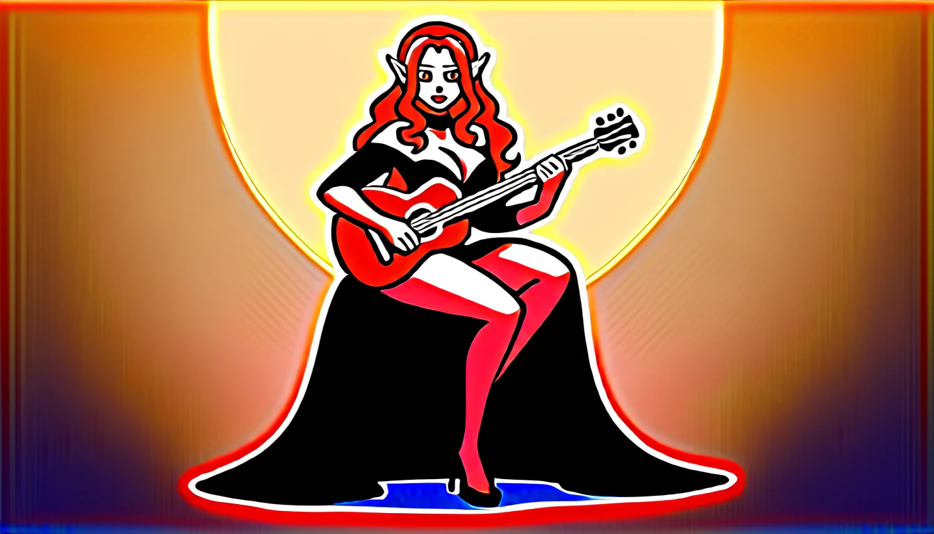 Draw a detailed anime-style scene of an elf playing the guitar in a busy tavern. The girl must have long, wavy blonde hair and bright amber eyes. Night environment, the girl's camera zoom must be distant, full body, She is sitting on a wooden stool, wearing an elegant dress with details in silver and blue, which highlights her pointed ears characteristic of elves. The girl must be concentrated while playing a gentle melody on her richly carved wooden guitar.