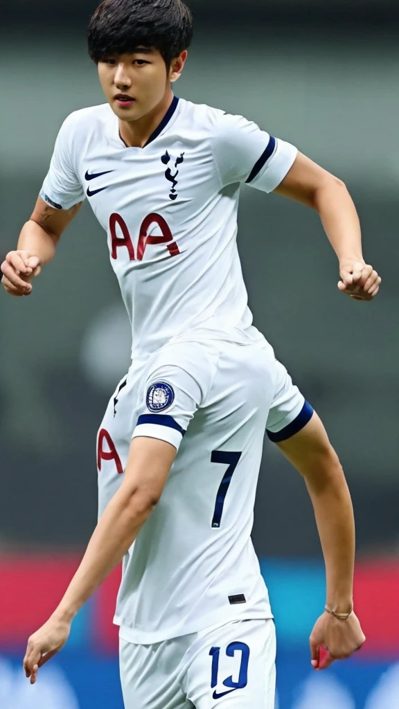 {{{tottenham logo}}}, {{{The name of the uniform sponsor is AIA}}}, light, white uniform, {{white nike soccer jersey}}, {{{best quality}}}, {{{realistic}}}, Detailed facial description, realistic 눈동자, Handsome man, realistic 유니폼 주름, well proportioned