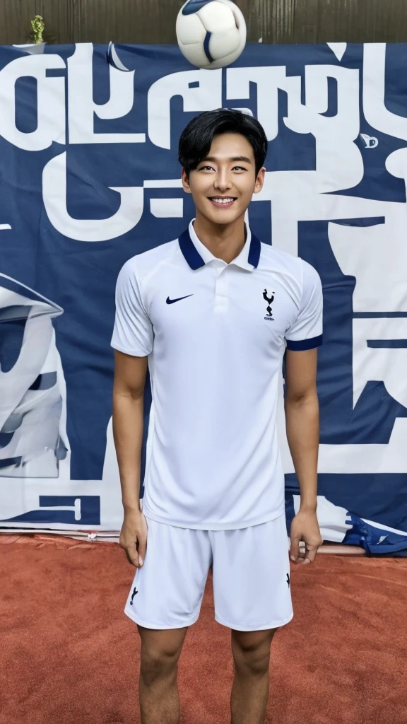 {{{tottenham logo}}}, {{{The name of the uniform sponsor is AIA}}}, light, white uniform, {{white nike soccer jersey}}, {{{best quality}}}, {{{realistic}}}, Detailed facial description, realistic 눈동자, Handsome man, realistic 유니폼 주름, well proportioned