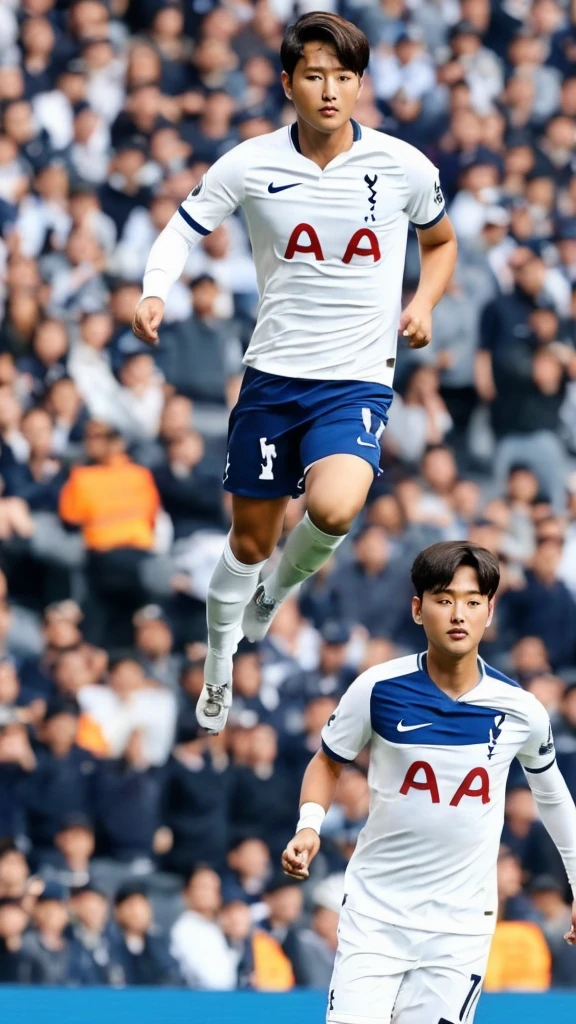 {{{tottenham logo}}}, {{{The name of the uniform sponsor is AIA}}}, light, white uniform, {{white nike soccer jersey}}, {{{best quality}}}, {{{realistic}}}, Detailed facial description, realistic 눈동자, Handsome man, realistic 유니폼 주름, well proportioned