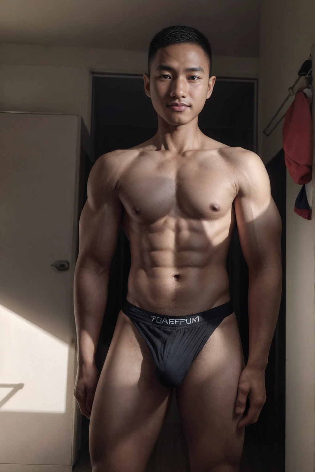 boy, (Black Eyes), happy smile,Thai boy,,Wear glasses,man hot nerd,young, firm body, slender, skinny boy body build, child-like,Thai Teenage boy,Close-up photo,full body photo ,RAW Photo,photo of a hansome man,alpha male, huge biceps, ripped abs,((face and upper body focus:1.3)), (masculine:1.4), (romantic lighting:1.3), (sexy pose:1.2),（muscular：1.5），（black hair：1.5 ），（Skin Wrinkles：1.5），（full body portrait：1.5），（skin glow：0.5）,full body, Realistic, Photography, short haired, stocky muscular body, standing in the workshop, facing the camera, stand up straight, masculine pose, calm expression, detailed face, detailed background, bright light, sunlight, wearing black colors micro thong with small bulge,pale skin, skinny, good lighting, very pale skin, light skin, model with attractive body,medium bulge and medium butts,(Best quality, 8k, Masterpiece). High Detail , superior quality, natural lighting, beautiful, sexy, correct anatomy, good composition,realistic shapes, realistic skin tones,Natural eyes,realistic eyes,looking up at viewer,vpl,realistic muscles,Realistic wrinkles on the skin,Realistic arms and legs,Realistic face,realistic hair,Make a sexy and seductive face, Clear Focus: 1.2, Perfect Body virile: 1.4 , Slender Abs: 1.2, Highly detailed face and skin texture, detailed eyes, double eyelids, big upper lip, man focus,amazing composition, front view, HDR, volumetric lighting, ultra quality, elegant,Post a erotic photoshoot,Realistic pose,detailed hair,full body,Fujifilm XT3 photorealistic art by midjourney