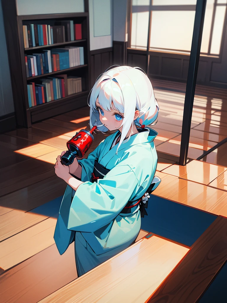 , 8yo, cabelo longo e branco, wearing black and white kimono, blue colored eyes, holding a cup with red liquid inside, is in an 80s style office, books around, wood floor.