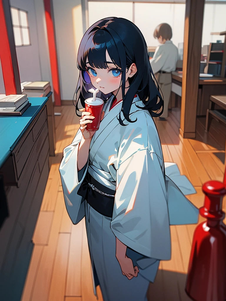 , , cabelo longo e branco, wearing black and white kimono, blue colored eyes, holding a cup with red liquid inside, is in an 80s style office, books around, wood floor.