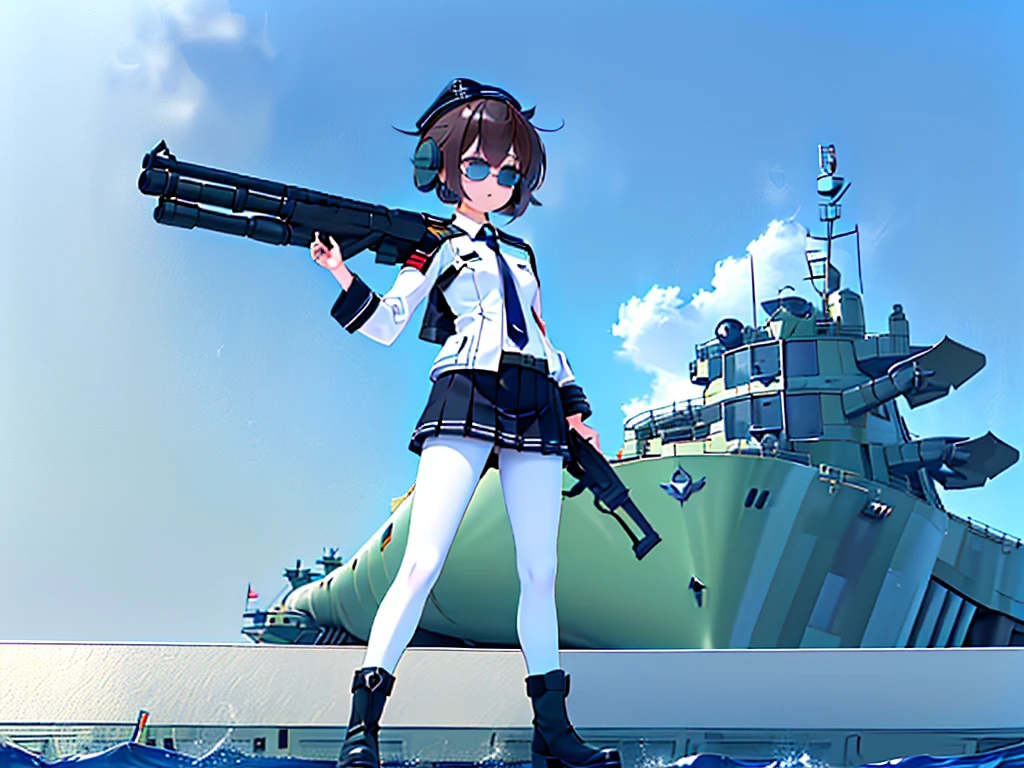 (((masterpiece, Vision))), ((((Full body of a woman with perfect flat chest、1 Female、solo、Short unkempt black hair、Tie your messy hair at the nape of your neck、white military jacket、Miko costume、black tights、Black glasses are black、White military cap、Cloudy black eyes、Confused eyes、Junyo-inspired emblem、Ship-style boots)))), (((Shipgirl))), ((Floating on the morning sea with both feet)), (Standing with your legs apart)), Aim, (Hold the shotgun turret grip with your right hand), (Four mechanical tentacles covered in white armor extend from its back.), (Holding a shotgun with metal tentacles), (Equipped with a bridge on the back), (His left arm holds the grip of a triple-barreled shotgun),