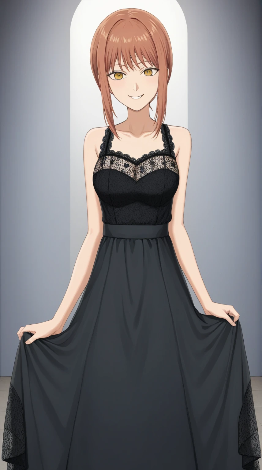 1fille, makima, Chainsaw man, russet hair, (smirking:0,7), beautiful dress, long black dress, lace, front, (masterpiece, best quality, very aesthetic, absurdists)