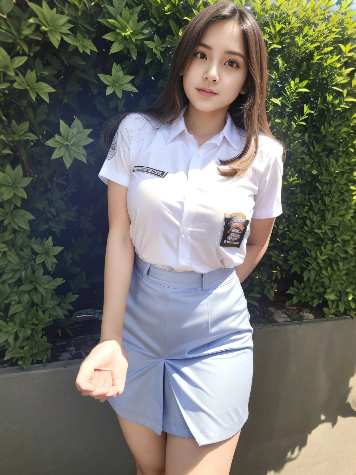 1girl, solo, (uniform), standing, outdoors, detailed face, detailed eyes, thick breasts, shiny skin, tight white shirt, grey blue short skirt, looking at the audience, low angle shot,(8k, RAW photo, best quality, masterpiece: 1.2), (realistic, realistic: 1.37), ultra-high resolution