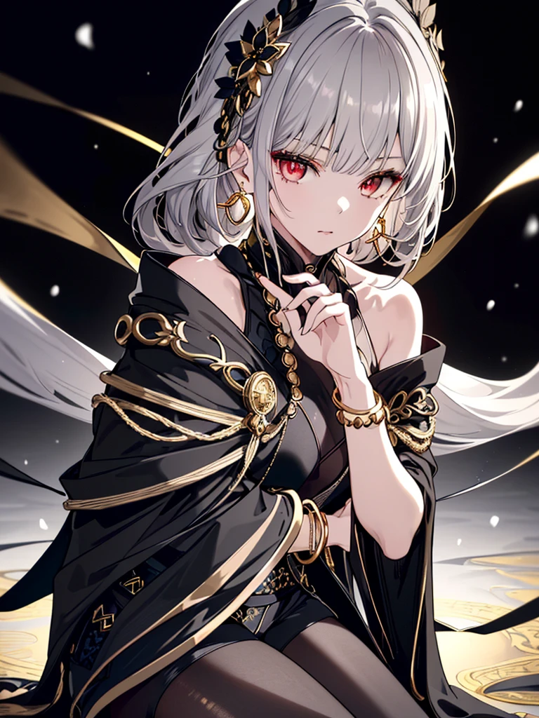 8k,High resolution RAW color art, Anime Art,Silver Marble Skin, (((Very detailed and cute))), Detailed skin, Bokeh、texture,(Exquisitely crafted, The finer details, Ultra-detailed art), (((1 girl))), Depth of written boundary, Silky Touch, Hyper Detail, (((Cool face))), eye shadow、Armed women, Beautiful detailed red eyes, Beautiful lip detail, Highly detailed face, Delicate depiction of hair and eyes, Detailed Fashion, Golden Earrings,Full body depiction, Black half top、Shoulder Bare、Black shorts、Waist Cloak、black tights、Golden decoration, Light gray hair, Golden bracelet, Straight Hair、(((Hair)))、Calm background、(((Black theme)))、snow、Side view、Crouch