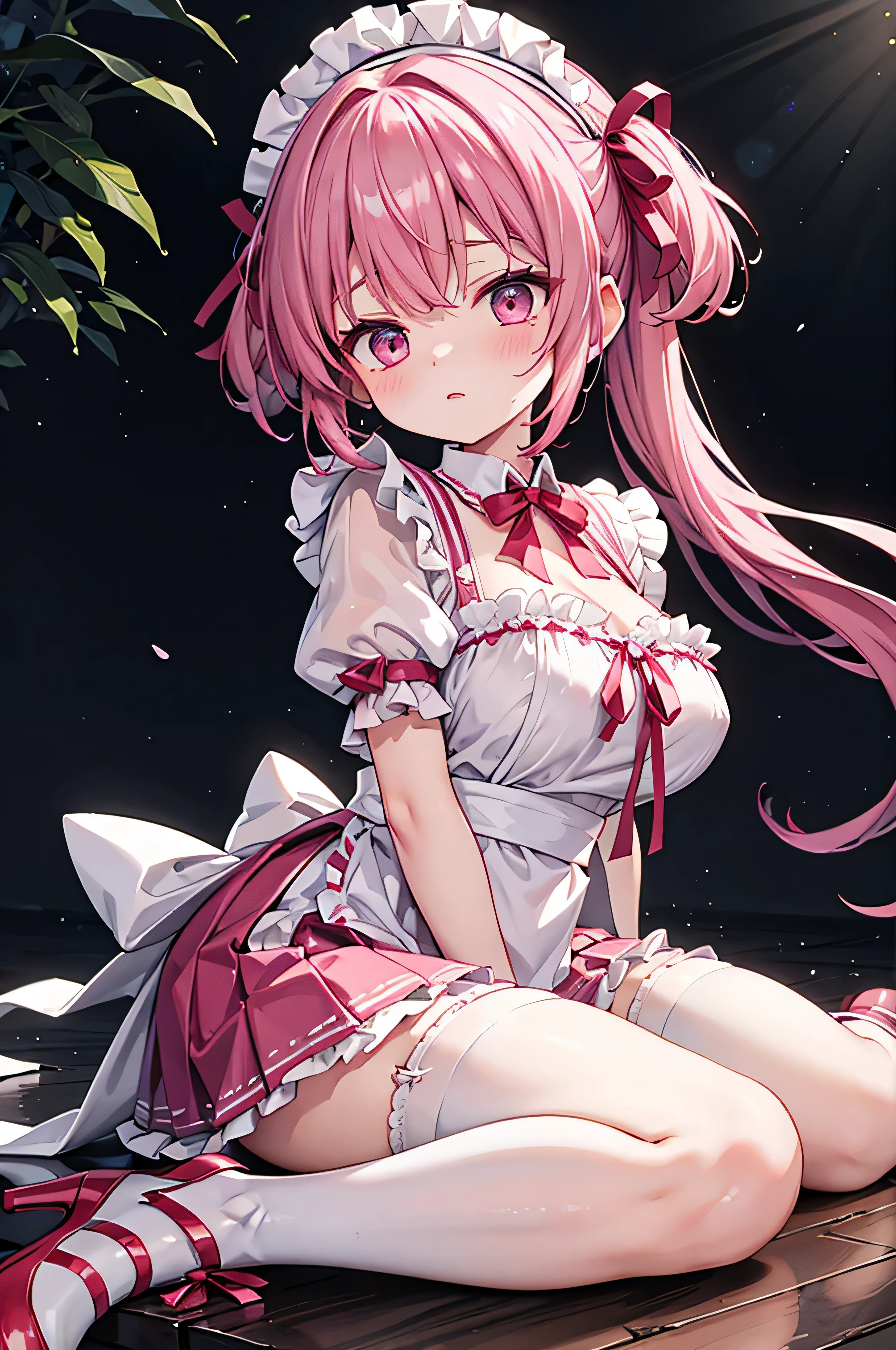 Highest quality、Shiny silk short sleeve puff sleeve pink maid outfit、See-through、Very short skirt、Fluffy red ribbon、A short white ruffled apron、White garter belt with ribbon、Pink high heels with ribbon、Large headband with ribbon、Flushed Cheeks、Embarrassed look、Soaking wet、Strong winds、Overreaching、Facing forward、Looking up from below
