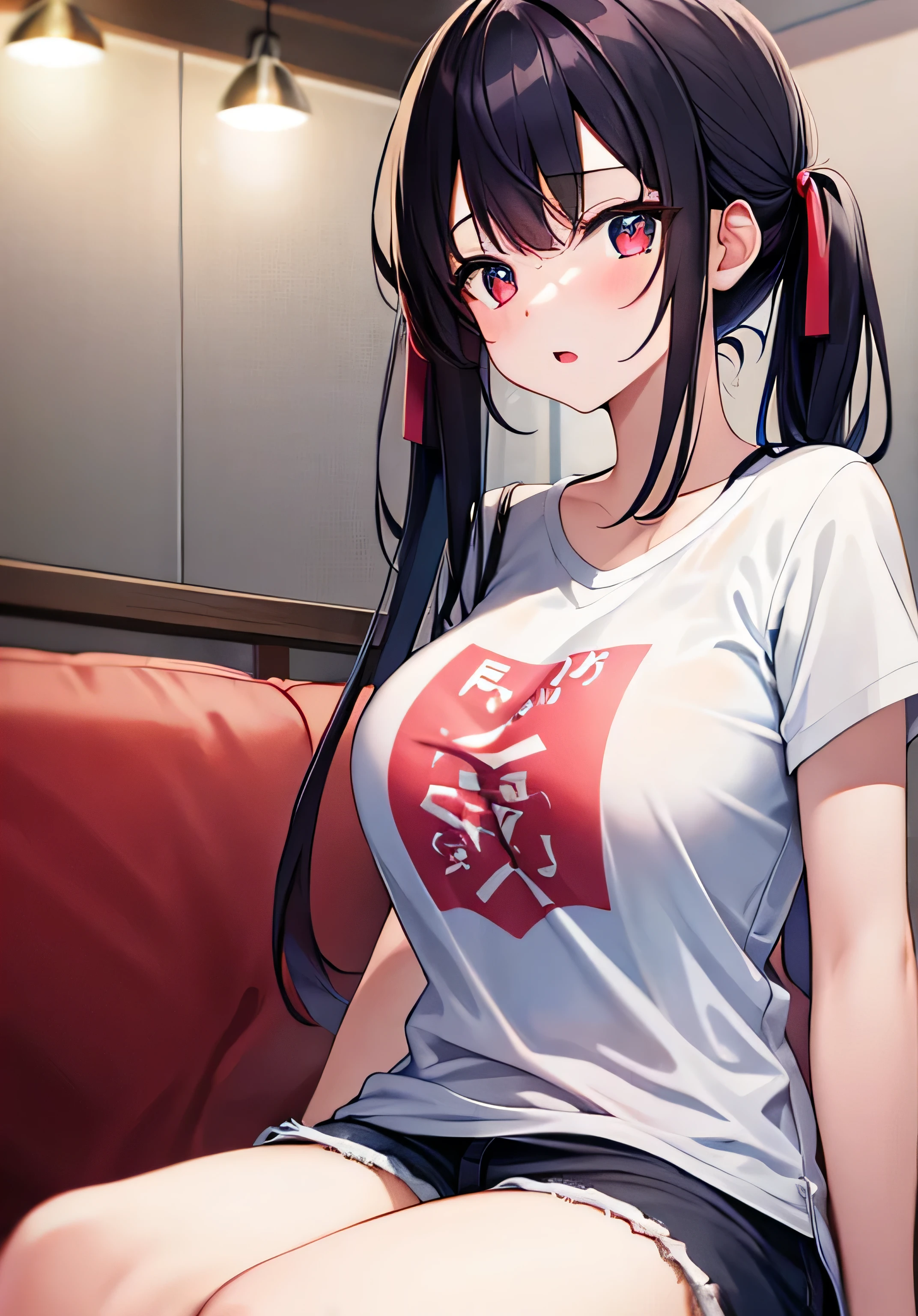 masterpiece、Highest quality、Ultra-high resolution、age girl with big breasts、twin tail hairstyle、black hair、Red face、shyly、open your mouth just a little、white T-shirt、lounge shorts、inside lounge room、sitting on the sofa、at night time