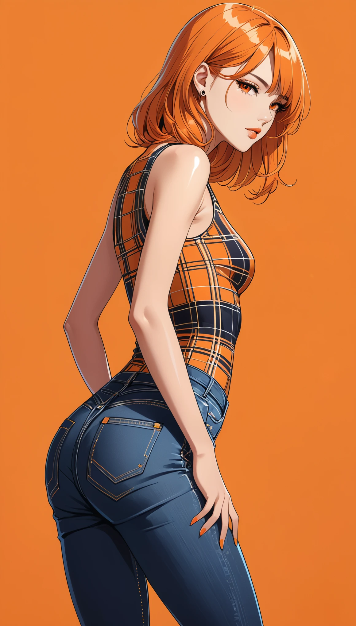 in style of Kilian Eng,Minimalist Lines and Shapes，(Tattoo Designs),closeup,1girl,独奏，Orange background，Plaid sleeveless bodysuit T-shirt，jeans，Lean forward，Standing，1 hand supports the leg，The other hand is behind his back，looking at viewer，Long orange hair，Simple style，lifelike，Realism，Rendering style，C4D,Detail eyes，Detailed Skin，