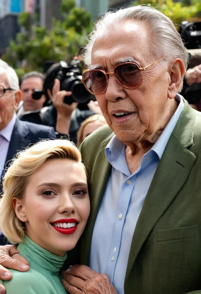 90-year-old grandfather is standing next to movie star scarlett johansson. el la abraza y la besa.  Son felices
