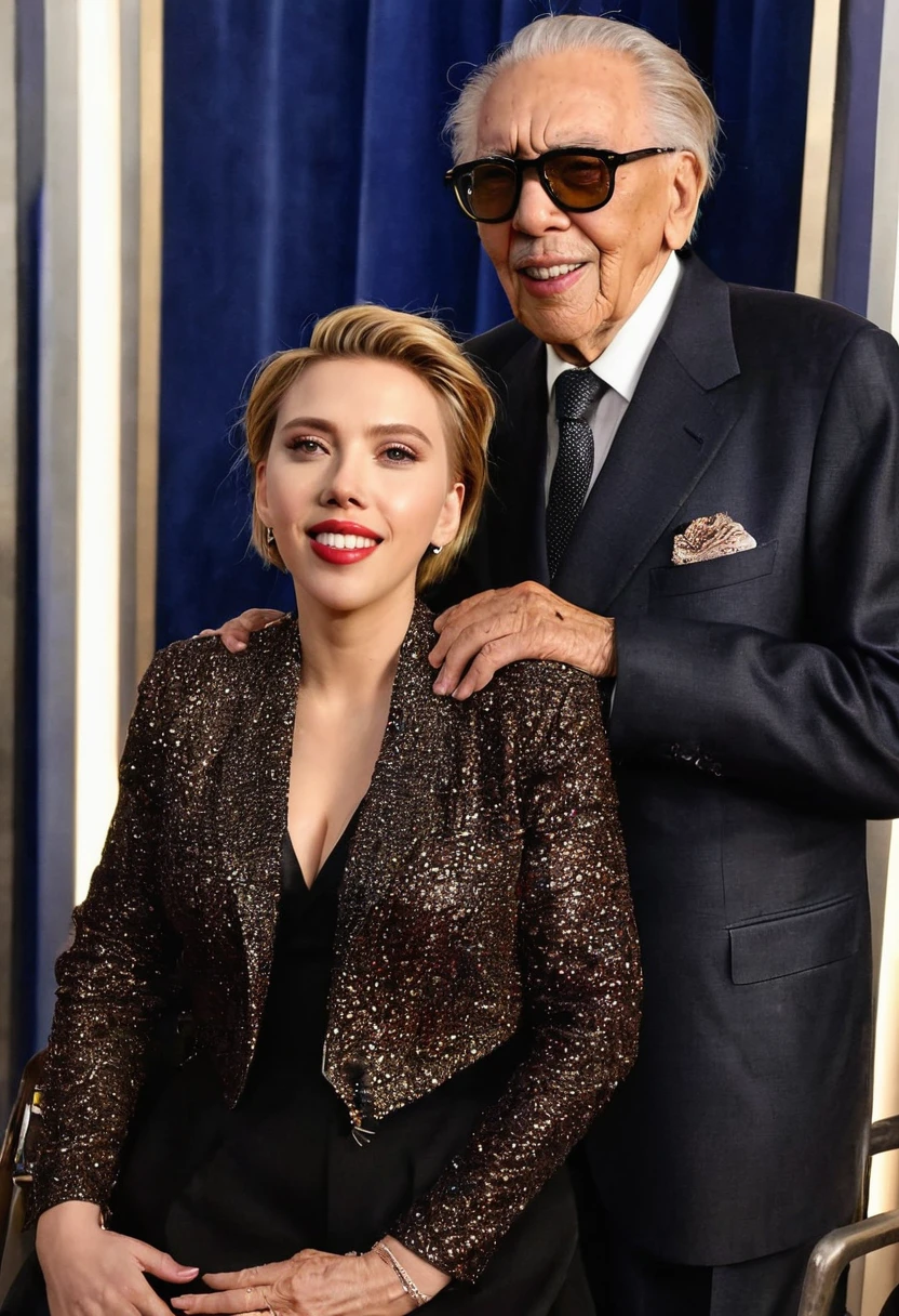 90-year-old grandfather is standing next to movie star scarlett johansson. el la abraza y la besa. Son felices