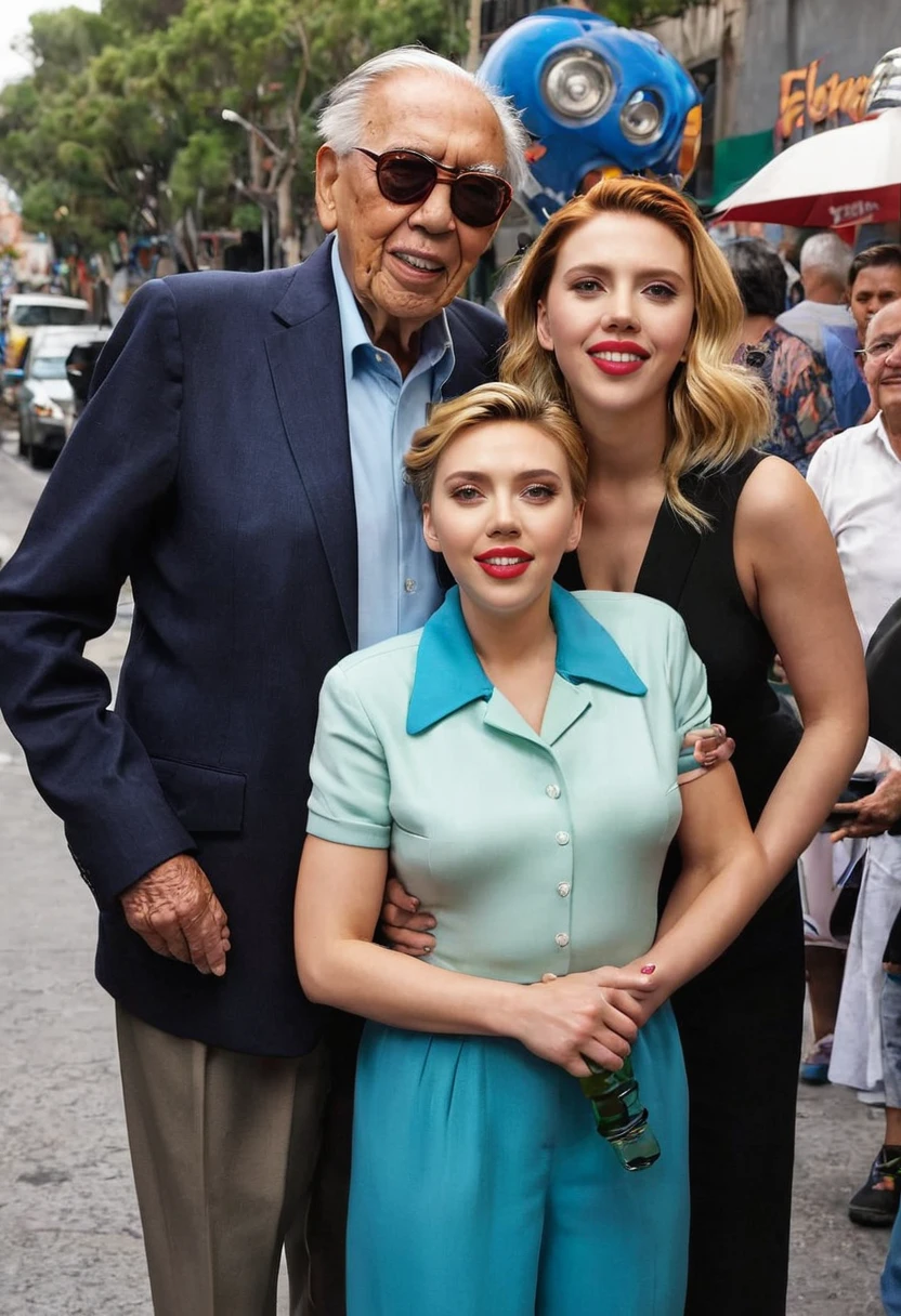 90-year-old grandfather is standing next to movie star scarlett johansson. el la abraza y la besa.  Son felices
