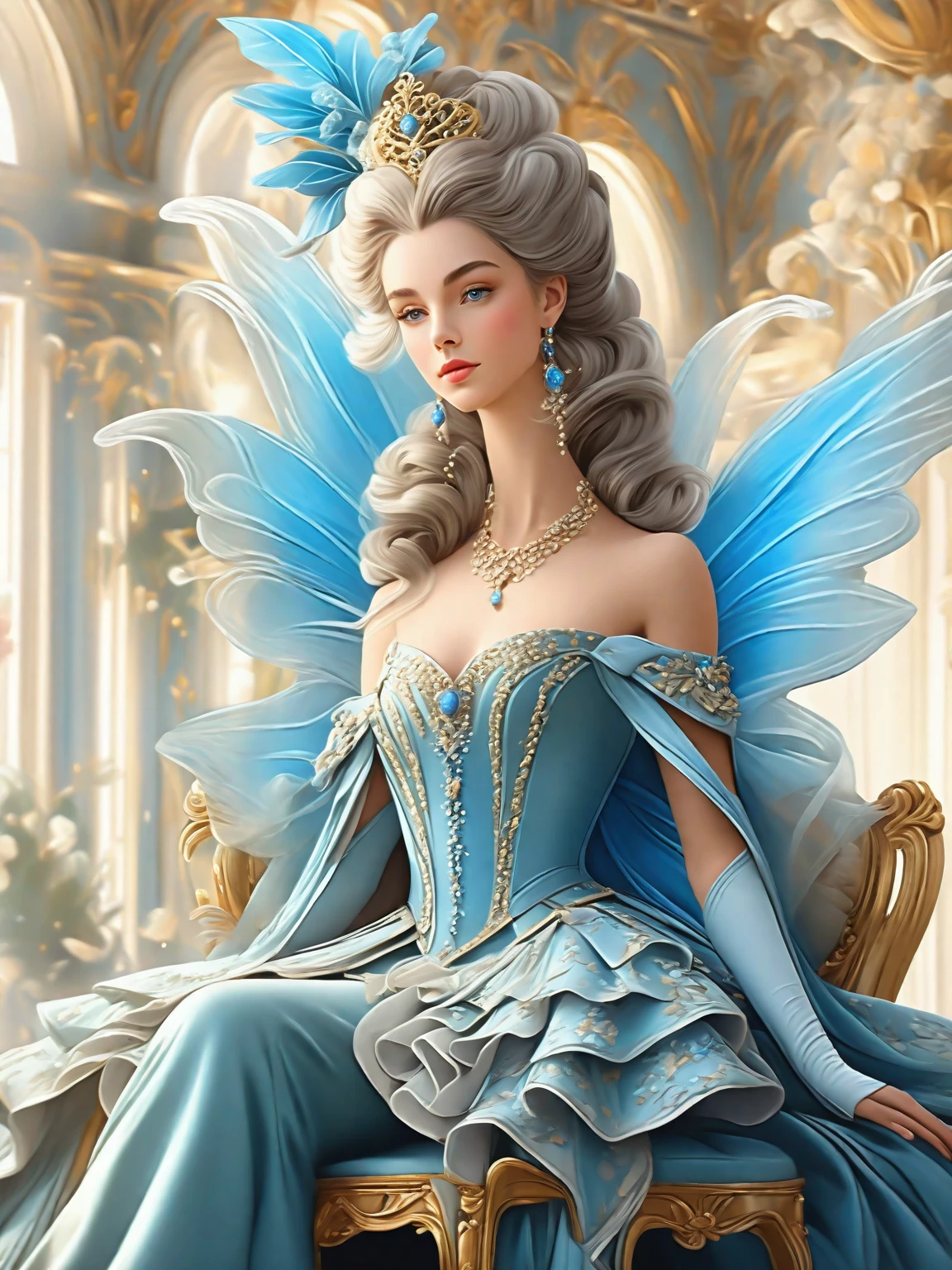 painting of a woman in a blue dress sitting on a chair, a beautiful fantasy empress, rococo queen, lovely languid princess, ((a beautiful fantasy empress)), 8k high quality detailed art, elegant digital painting, exquisite digital illustration, rococo style portrait, portrait painting of a princess, digital art of an elegant, baroque digital painting, beautiful character painting