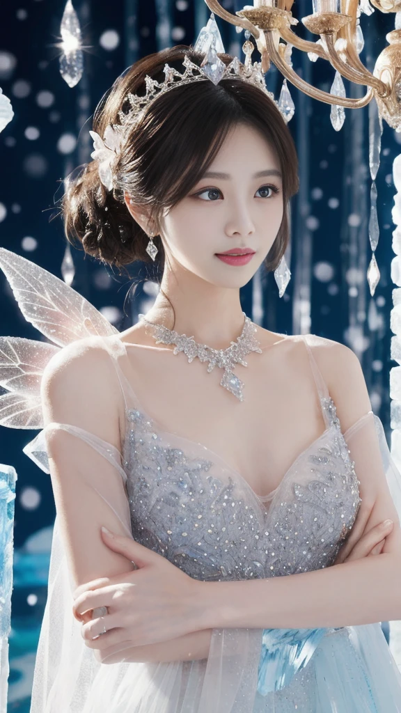 A goddess、Large Breasts、Stand gracefully、(The most luxurious ice palace background:1.4)、(Mysterious fairy tale light blue fog:1.15)、The background is a well-designed ice palace、Beautiful ice ceiling、(Palace interior background made of intricate, sparkling transparent ice:1.4)、(Elegant palace columns made of ice:1.05)、Most complex、The most luxurious decoration、(Lots of jewelry:1.1)、最もComplex and detailed backgrounds、(Snowing:1.1)、fine sparkling snow、(Tyndall effect:1.1)、Subtle sparkling snow、Spectacular lighting、Perfect makeup、Long eyelashes、Beautiful eye shadow、(Accurate anatomy:1.1)、Natural forehead、Complex and detailed backgrounds、The subtlest glimmer、Deep background、Low contrast、Surrounded by soft lighting、(Body facing forward:1.1)、(Please put your arms down:1.1)