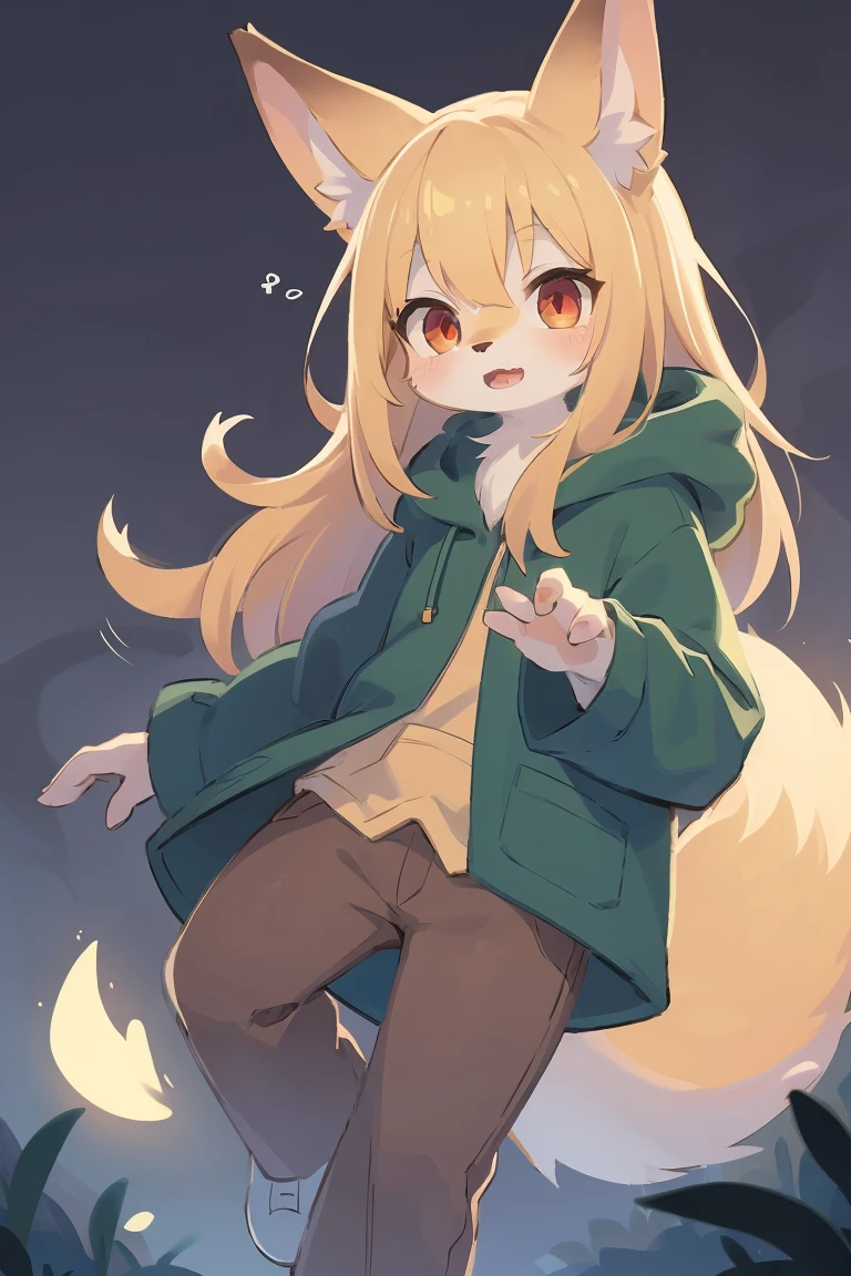 flat color, shota the fox, , was hairy, shaggy, skin fur, smooth lashes, golden fur, forelimb hands, straight long blonde hair, solid circle eyes, golden ears, golden fur, golden facial fur, shiny hair, red eyes, super cute face, 1fox tail, fluffy tail, furry tail, glowing eyes, green coat green hood down, brown trousers, open mouth, full body, ambient light, ultra-fine fur, dashed eyes, masterpiece, high quality, high-details, best quality, (solo)