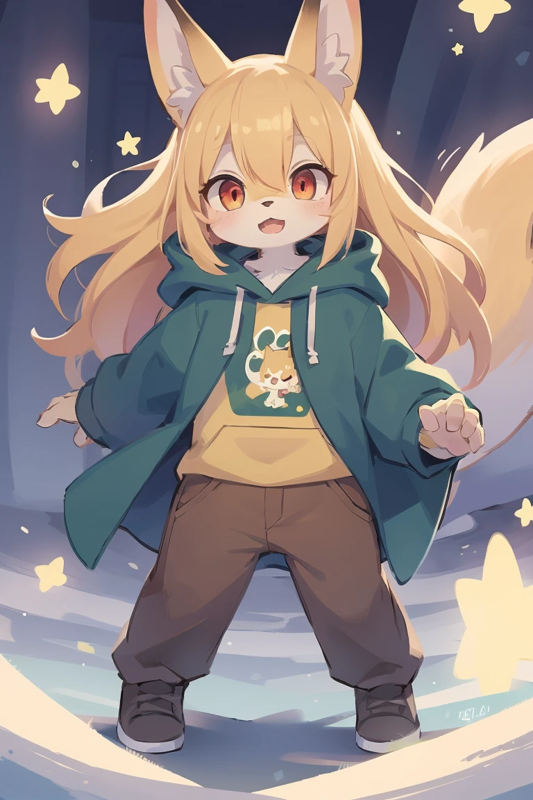 flat color, shota the fox, , was hairy, shaggy, skin fur, smooth lashes, golden fur, forelimb hands, straight long blonde hair, solid circle eyes, golden ears, golden fur, golden facial fur, shiny hair, red eyes, super cute face, 1fox tail, fluffy tail, furry tail, glowing eyes, green coat green hood down, brown trousers, open mouth, full body, ambient light, ultra-fine fur, dashed eyes, masterpiece, high quality, high-details, best quality, (solo)