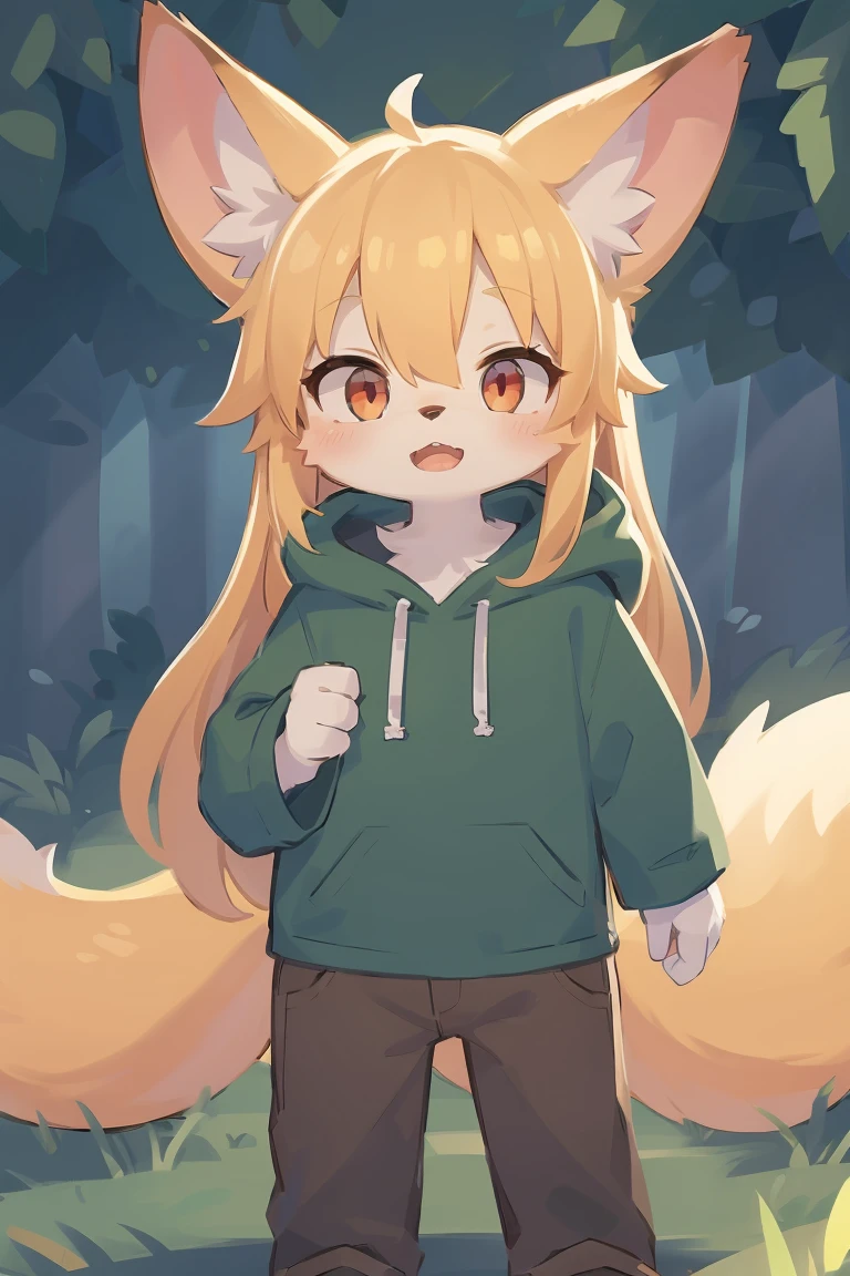 flat color, shota the fox, , was hairy, shaggy, skin fur, smooth lashes, golden fur, forelimb hands, straight long blonde hair, solid circle eyes, golden ears, golden fur, golden facial fur, shiny hair, red eyes, super cute face, 1fox tail, fluffy tail, furry tail, glowing eyes, green coat green hood down, brown trousers, open mouth, full body, ambient light, ultra-fine fur, dashed eyes, masterpiece, high quality, high-details, best quality, (solo)