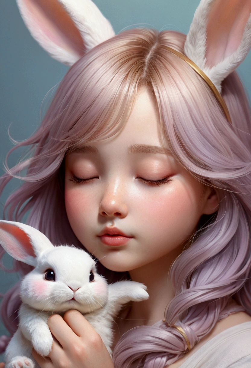 Beautiful little rabbit, Volumetric Light, Ultra-realistic, Intricate details, shape, Painting, watercolor, Cute Chibi, Sleep, close your eyes，ah!, Shallow depth of field, Pastel Color Palette, Soft lighting, minimum, Modern, Digital Painting, Lois van Baerle、Ross Tran、Art by artgerm, Artstation HQのトレンド, Very detailed