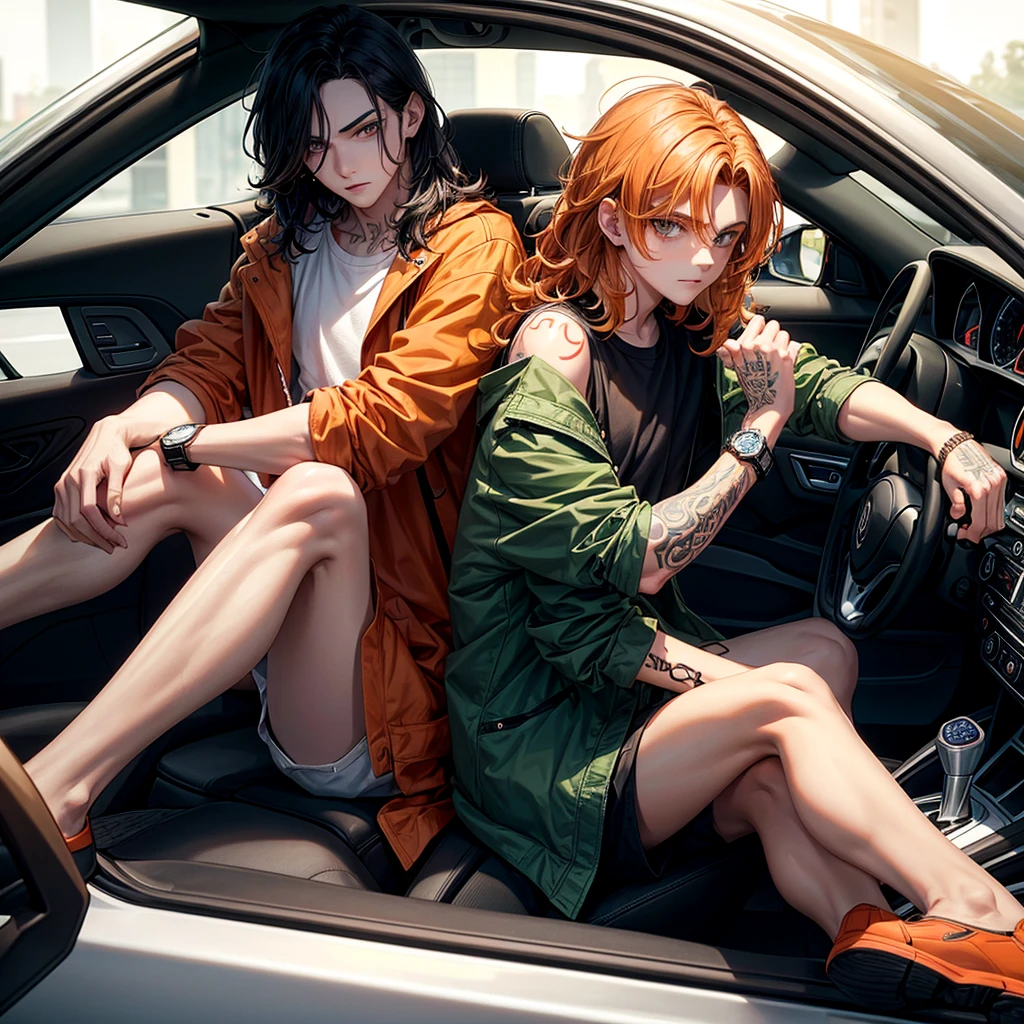 Boy with shoulder-length wavy hair, pale orange color, tall black eyes, with a dominant look, sitting in his car with a green jacket, a watch in his hand, and tattoos on his arms. 