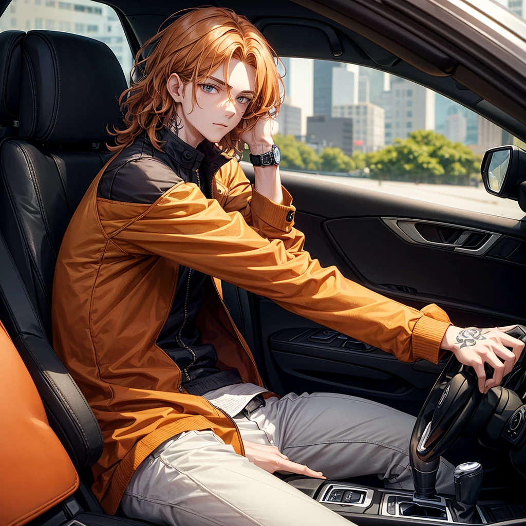 Boy with shoulder-length wavy hair, pale orange color, tall black eyes, with a dominant look, sitting in his car with a green jacket, a watch in his hand, and tattoos on his arms.