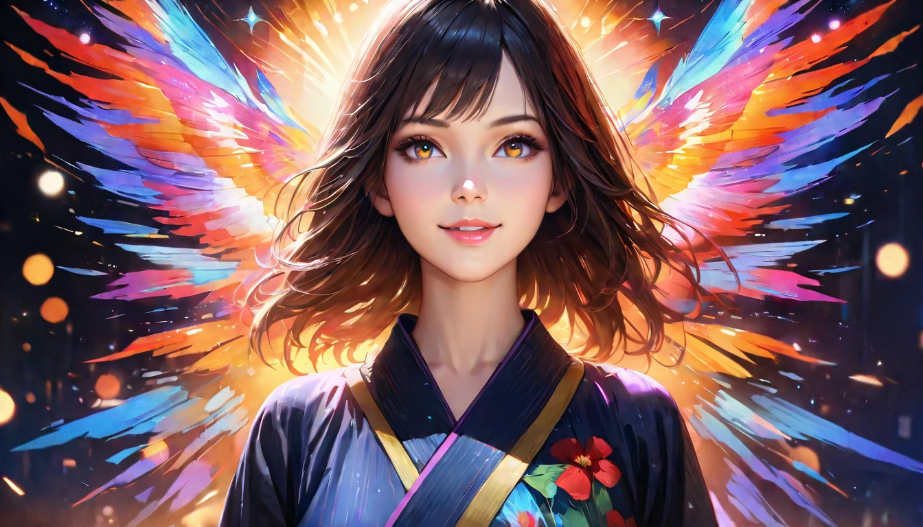 a beautiful girl wearing a yukata standing under the night sky looking at the stars, smiling with a sparkling effect, 1girl, detailed face, beautiful eyes, detailed lips, long eyelashes, medium: digital painting, vibrant colors, cinematic lighting, dreamlike, photorealistic, 8k, best quality, masterpiece:1.2, ultra-detailed, realistic:1.37, HDR, UHD, studio lighting, ultra-fine painting, sharp focus, physically-based rendering, extreme detail description, professional, vivid colors, bokeh