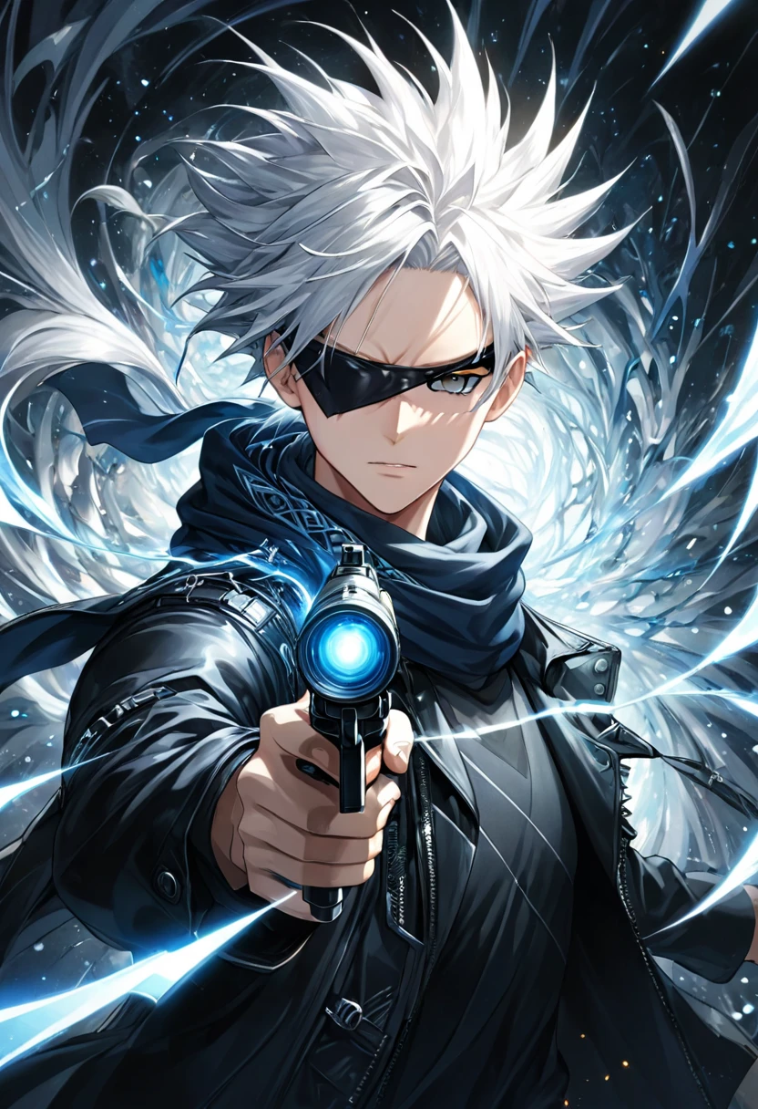 ( 正確Perfect anatomical structure )一名身穿黑色衬衫的男孩載 Single eye black eyepatch ( Single eye black eyepatch)、scarf, gray hair, Close up high dynamic range of man with spiky hair and white hair pointing gun forward dynamic sniper ( perfect anatomy ) Aim forward and emit bright light ( Perfect anatomical structure ) Handsome black jacket blue silver shiny swirling high dynamic vortex around man, Vortex Dynamic Masterpiece Perfect Composition Intricate Details Meticulous Digital Art