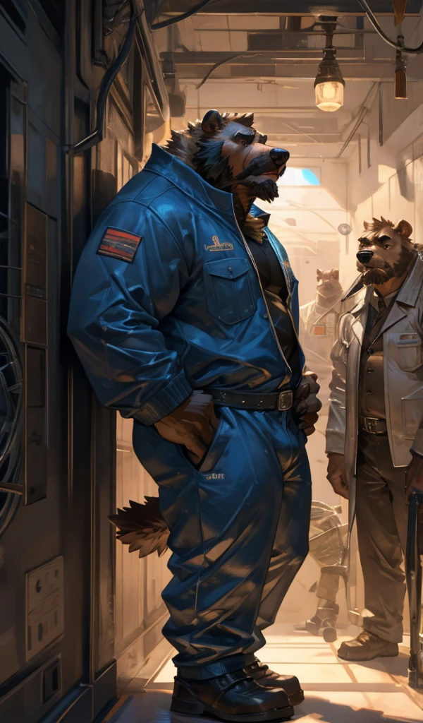 By Taran Fiddler, one man, anthro canine (Bearded Grizzly bear), adult male, elderly, slightly wrinkled face, bushy eyebrows, stern facial expression, grumpy, bushy mustache, mustache covering mouth, slightly short height, dilf, hands on his hips. standing in a hallway, wearing plain blue track suit, leaning against wall, oil rig, inside