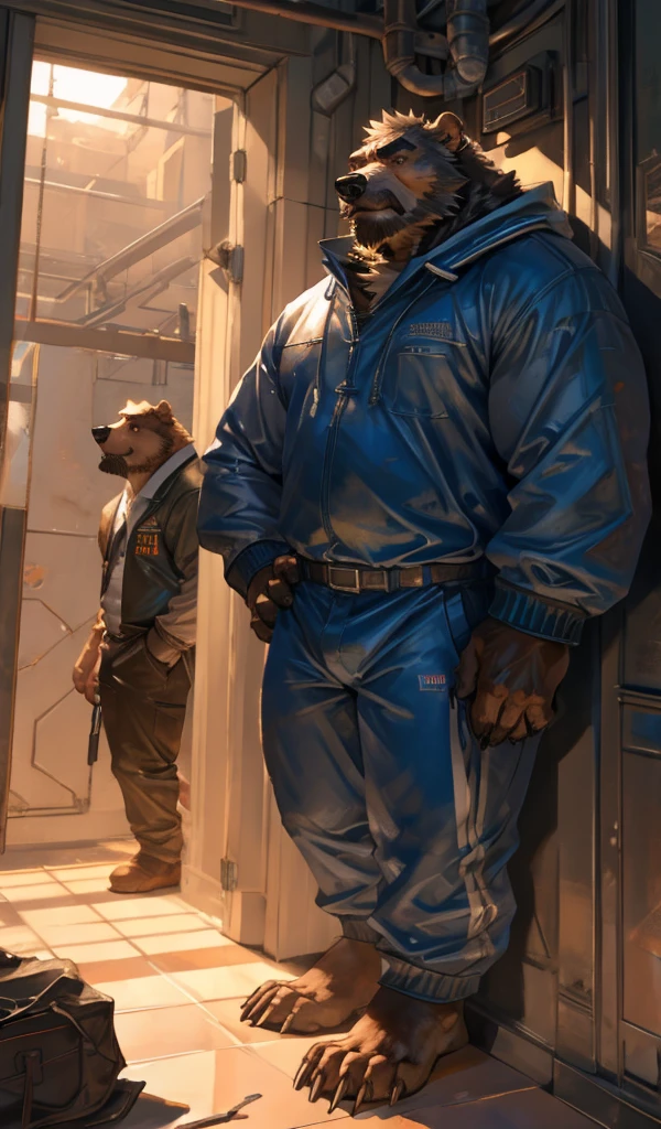 By Taran Fiddler, one man, anthro canine (Bearded Grizzly bear), adult male, elderly, slightly wrinkled face, bushy eyebrows, stern facial expression, grumpy, bushy mustache, mustache covering mouth, slightly short height, dilf, hands on his hips. standing in a hallway, wearing plain blue track suit, leaning against wall, oil rig, inside