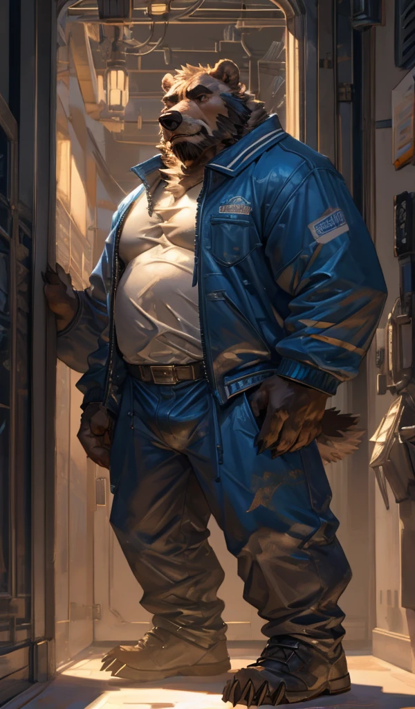 By Taran Fiddler, one man, anthro canine (Bearded Grizzly bear), adult male, elderly, slightly wrinkled face, bushy eyebrows, stern facial expression, grumpy, bushy mustache, mustache covering mouth, slightly short height, dilf, hands on his hips. standing in a hallway, wearing plain blue track suit, leaning against wall, oil rig, inside