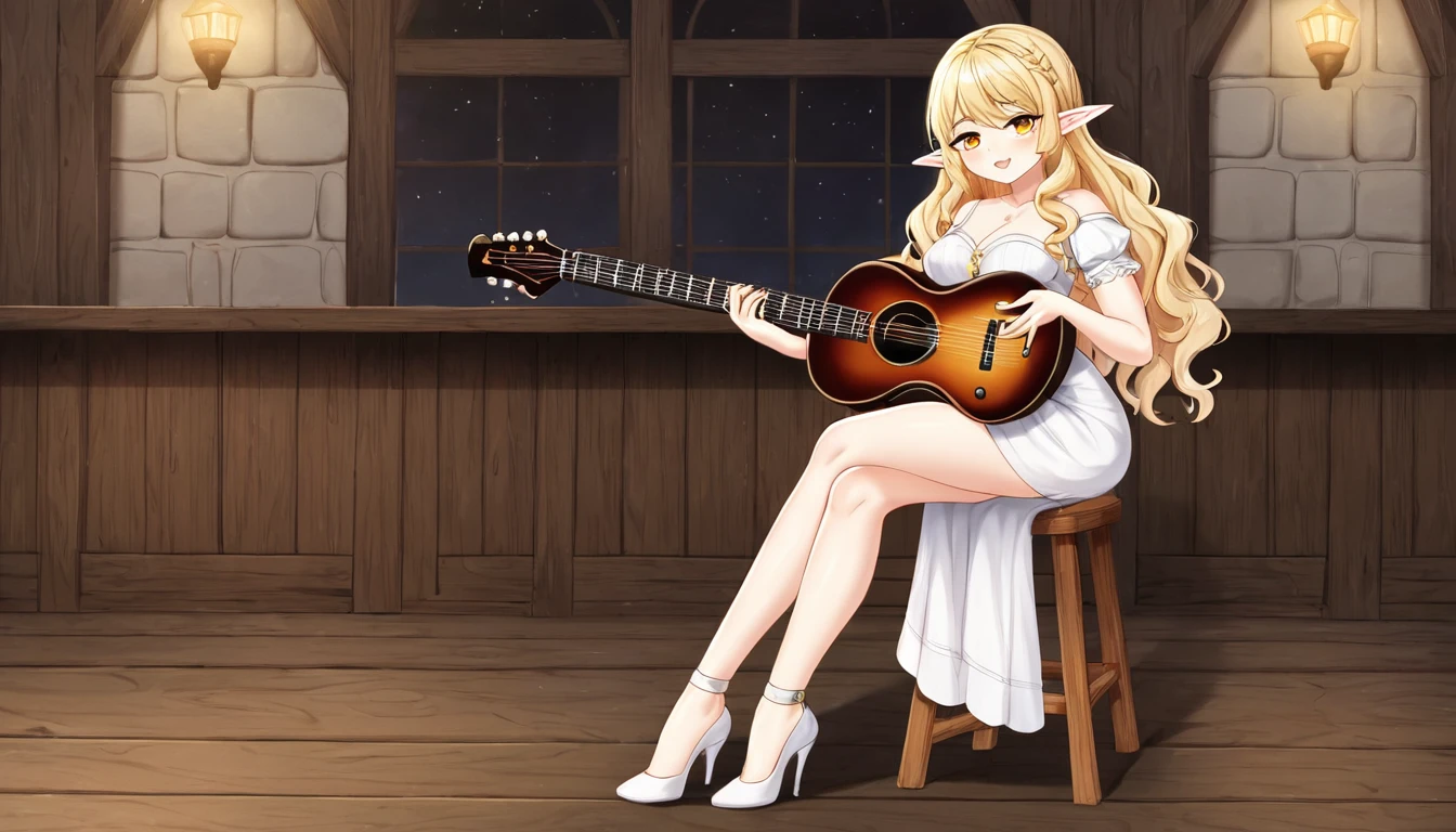 Draw a detailed anime-style scene of an elf playing the guitar in a busy tavern. The girl must have long, wavy blonde hair and bright amber eyes. Night environment, the girl's camera zoom must be distant, full body. She is sitting on a wooden stool at the back of the scene, wearing an elegant dress with details in silver and blue, which highlights her pointed ears, characteristic of elves. The girl must be concentrated while playing a gentle melody on her richly carved wooden guitar.