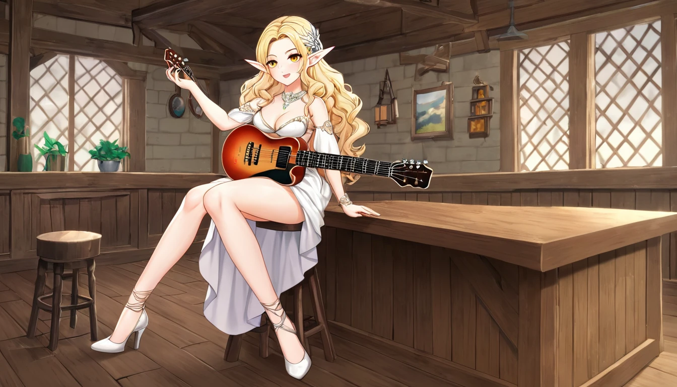 Draw a detailed anime-style scene of an elf playing the guitar in a busy tavern. The girl must have long, wavy blonde hair and bright amber eyes. Night environment, the girl's camera zoom must be distant, full body. She is sitting on a wooden stool at the back of the scene, wearing an elegant dress with details in silver and blue, which highlights her pointed ears, characteristic of elves. The girl must be concentrated while playing a gentle melody on her richly carved wooden guitar.