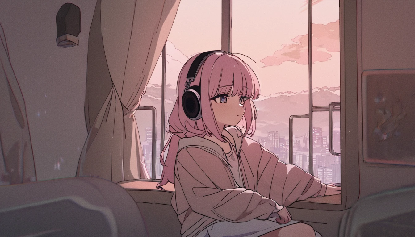 A girl dancing solo with headphones on in her room - "Solo jam session",chat ear、Dancing GirlSomeone is sitting on a train bench and looking out a window at the landscape passing by, Elogio Artstyle, Arte Lofi, lofi aesthetic, Lofi Sensation, Hip Hop Lofi, , Retrato Lofi, lo fi, arte lo-fi, vibe, badass vibes , cores , lofi girl aesthetic