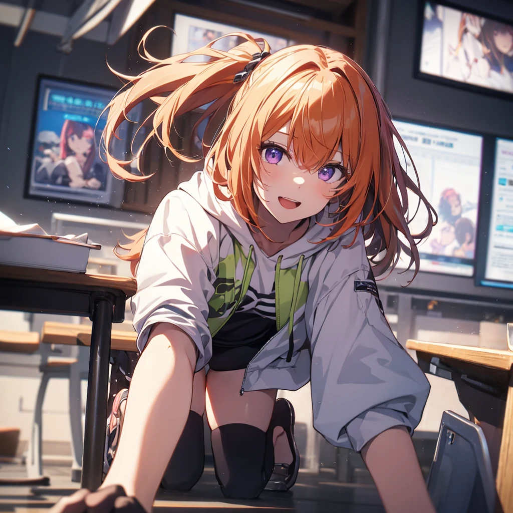 (Recall,On all fours:1.3),(Camel Toe:1.3),Highest quality,Best image quality,Perfect Anatomy,masterpiece,Ultra-detailed,beautiful,super high quality, Highest quality,High resolution, Very detailed,Game CG,Dutch Angle ,beautiful細部までこだわった目,Visual Arts,Five Fingers, Perfect hands,Hide your hands, {{{One Girl}}}, beautiful詳細な女の子, Game CG, Spring flower, One curl on the outside, Short Bob Hair, Pastel orange hair, Purple eyes,Stylish accessories solo, breast enhancement, Medium Shoot, woman, Take-out, Laughter, huge ,,Pastel green checkered mini skirt,Black knee-highs, {{{{{Wearing a pastel green hoodie}}}}},Open your mouth, Daytime Classroom, wonderful, beautiful細部までこだわった目, Highest quality, Very delicate,Masseter muscle area,Highest quality,(Official Art、Highest quality、Unity 8k wallpaper、32k、masterpiece、Ultra-detailed、超High resolution、Realistic、Photorealistic:1.2)、(Cinema Lighting:1.2)、Fire Glow Effect、The most grainy shadows on the film、Side light、Side Shot、(Ultra-detailedで複雑な3Dレンダリング)、Atelier Series,