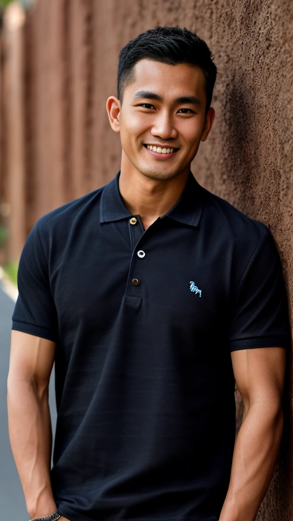 Thai man ,man，He is about 30 years old..，Rough and handsome appearance，large breastsj，Big waistline，buzz cut, angry, sullen, best quality, Masterpiece，（Have muscles：4.5），(best quality,high resolution,Masterpiece:1.2),The eyes are natural and delicate..,1 person,alone,gay asian,muscle,Long legs,brave,short hair details,conjunctivitis ,strong,brown eyes, (outdoor background road :1.5)，in the market，sit (dark blue polo shirt:1.3),Jeans ,smile