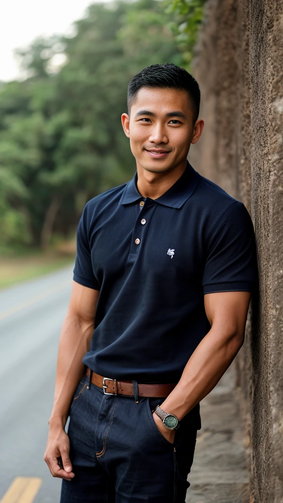 Thai man ,man，He is about 30 years old..，Rough and handsome appearance，large breastsj，Big waistline，buzz cut, angry, sullen, best quality, Masterpiece，（Have muscles：4.5），(best quality,high resolution,Masterpiece:1.2),The eyes are natural and delicate..,1 person,alone,gay asian,muscle,Long legs,brave,short hair details,conjunctivitis ,strong,brown eyes, (outdoor background road :1.5)，in the market，sit (dark blue polo shirt:1.3),Jeans ,smile