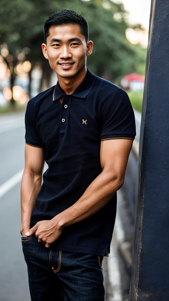 Thai man ,man,He is about 30 years old..,Rough and handsome appearance,large breastsj,Big waistline,buzz cut, angry, sullen, best quality, Masterpiece,(Have muscles:4.5),(best quality,high resolution,Masterpiece:1.2),The eyes are natural and delicate..,1 person,alone,gay asian,muscle,Long legs,brave,short hair details,conjunctivitis ,strong,brown eyes, (outdoor background road :1.5),in the market,sit (dark blue polo shirt:1.3),Jeans ,smile
