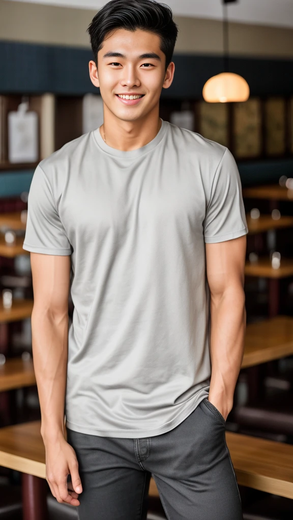 single: 1.5, (ที่TRUEแล้ว, Masterpiece, 8k HD, good light quality, sportswear, to fit the face, complicated details), A handsome Korean man with muscular arms.. , 20 years old, be happy, smile brightly, detailed face, delicate eyes, look at the sky, Wearing a tight gray t-shirt:1.6 ,Wear a denim coat.., Jeans era, black eyes, Black hair color, ผมsmooth, smooth,SurTRUE,Excellent details,Highest quality,TRUE,Open your mouth to talk.. , Close your eyes.., (Standing in a restaurant:1.5)