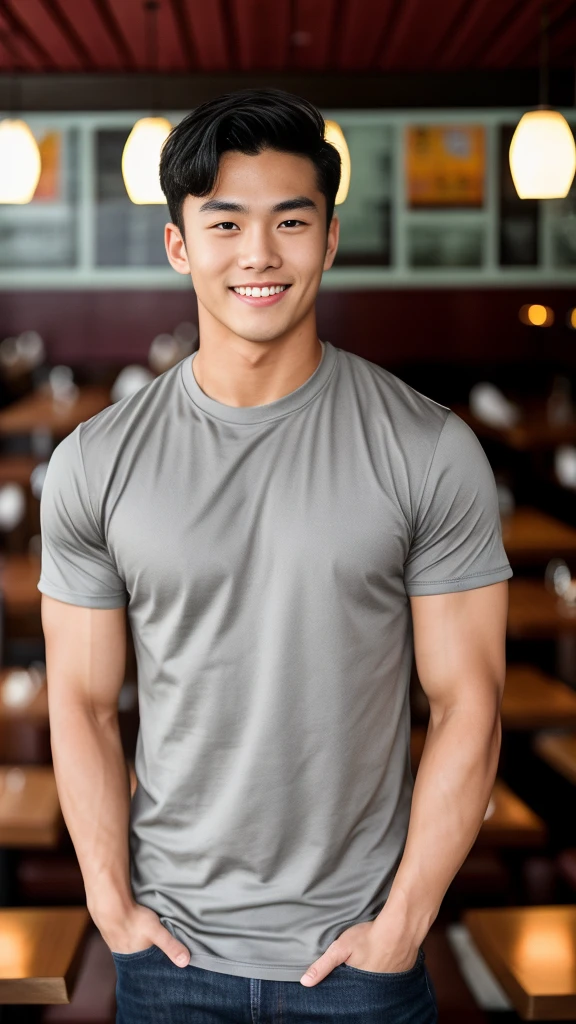 single: 1.5, (ที่TRUEแล้ว, Masterpiece, 8k HD, good light quality, sportswear, to fit the face, complicated details), A handsome Korean man with muscular arms.. , 20 years old, be happy, smile brightly, detailed face, delicate eyes, look at the sky, Wearing a tight gray t-shirt:1.6 ,Wear a denim coat.., Jeans era, black eyes, Black hair color, ผมsmooth, smooth,SurTRUE,Excellent details,Highest quality,TRUE,Open your mouth to talk.. , Close your eyes.., (Standing in a restaurant:1.5)