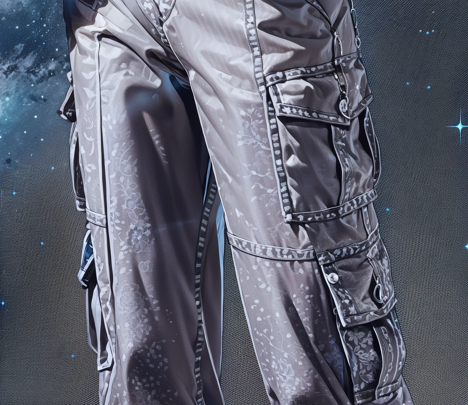 ((Highest quality,masterpiece,Extremely complex and exquisite details,Black and gray long and wide cargo pants,Matte cloth pattern)),starry sky galaxy background