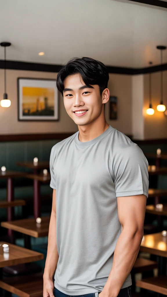 single: 1.5, (ที่TRUEแล้ว, Masterpiece, 8k HD, good light quality, sportswear, to fit the face, complicated details), A handsome Korean man with muscular arms.. , 20 years old, be happy, smile brightly, detailed face, delicate eyes, look at the sky, Wearing a tight gray t-shirt:1.6 ,Wear a denim coat.., Jeans era, black eyes, Black hair color, ผมsmooth, smooth，SurTRUE，Excellent details，Highest quality，TRUE，Open your mouth to talk.. , Close your eyes.., (Standing in a restaurant:1.5)