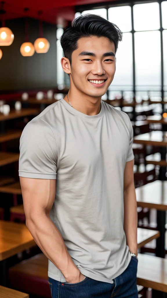 single: 1.5, (ที่TRUEแล้ว, Masterpiece, 8k HD, good light quality, sportswear, to fit the face, complicated details), A handsome Korean man with muscular arms.. , 20 years old, be happy, smile brightly, detailed face, delicate eyes, look at the sky, Wearing a tight gray t-shirt:1.6 ,Wear a denim coat.., Jeans era, black eyes, Black hair color, ผมsmooth, smooth，SurTRUE，Excellent details，Highest quality，TRUE，Open your mouth to talk.. , Close your eyes.., (Standing in a restaurant:1.5)